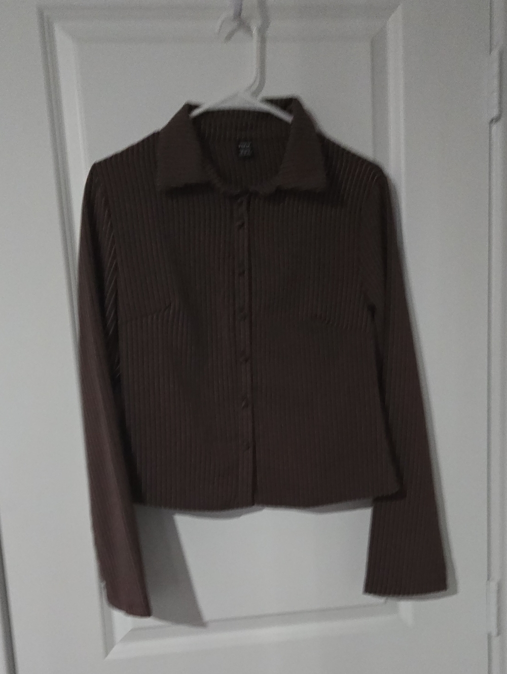 Women's Brown Ribbed Button-Front Collared Top